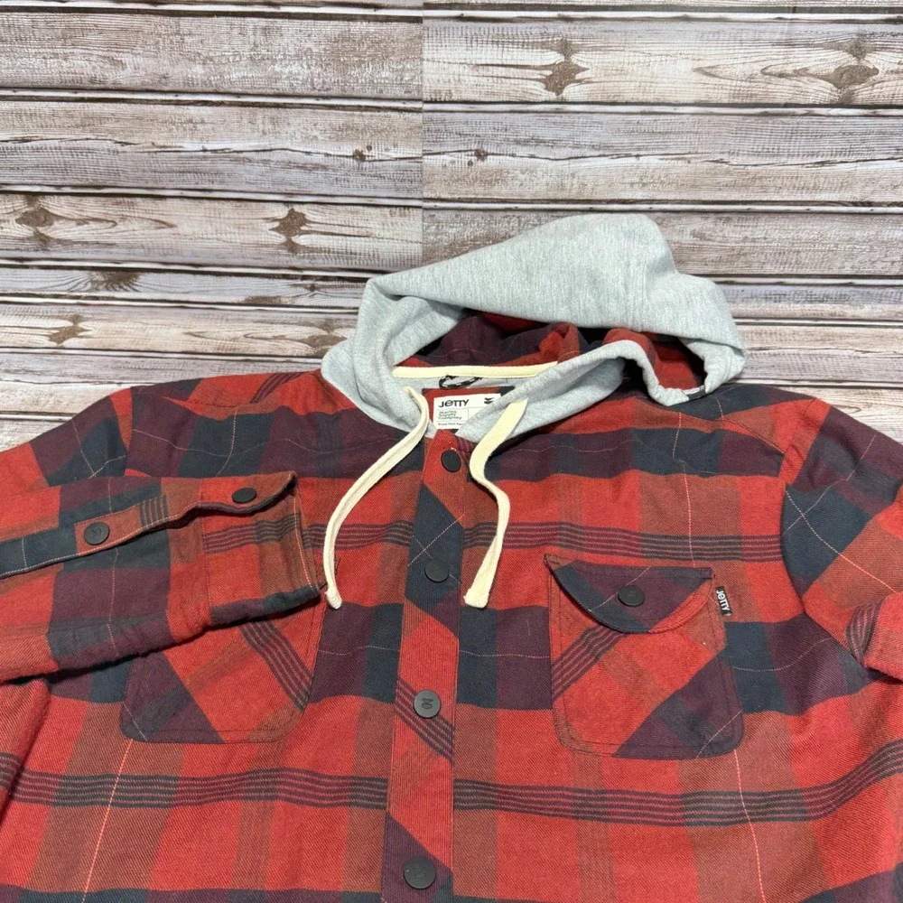 Jetty Mens Hooded Flannel Shirt Jacket Red Black Plaid Jersey Lined Size Large‎